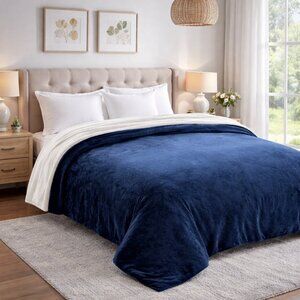 Sherpa Fleece Bed Blanket, Warm & Cozy, Machine Washable, Navy Blue